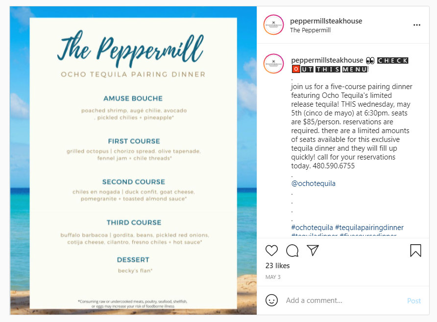Restaurant menu on Instagram - Social and Local LLC - Arizona