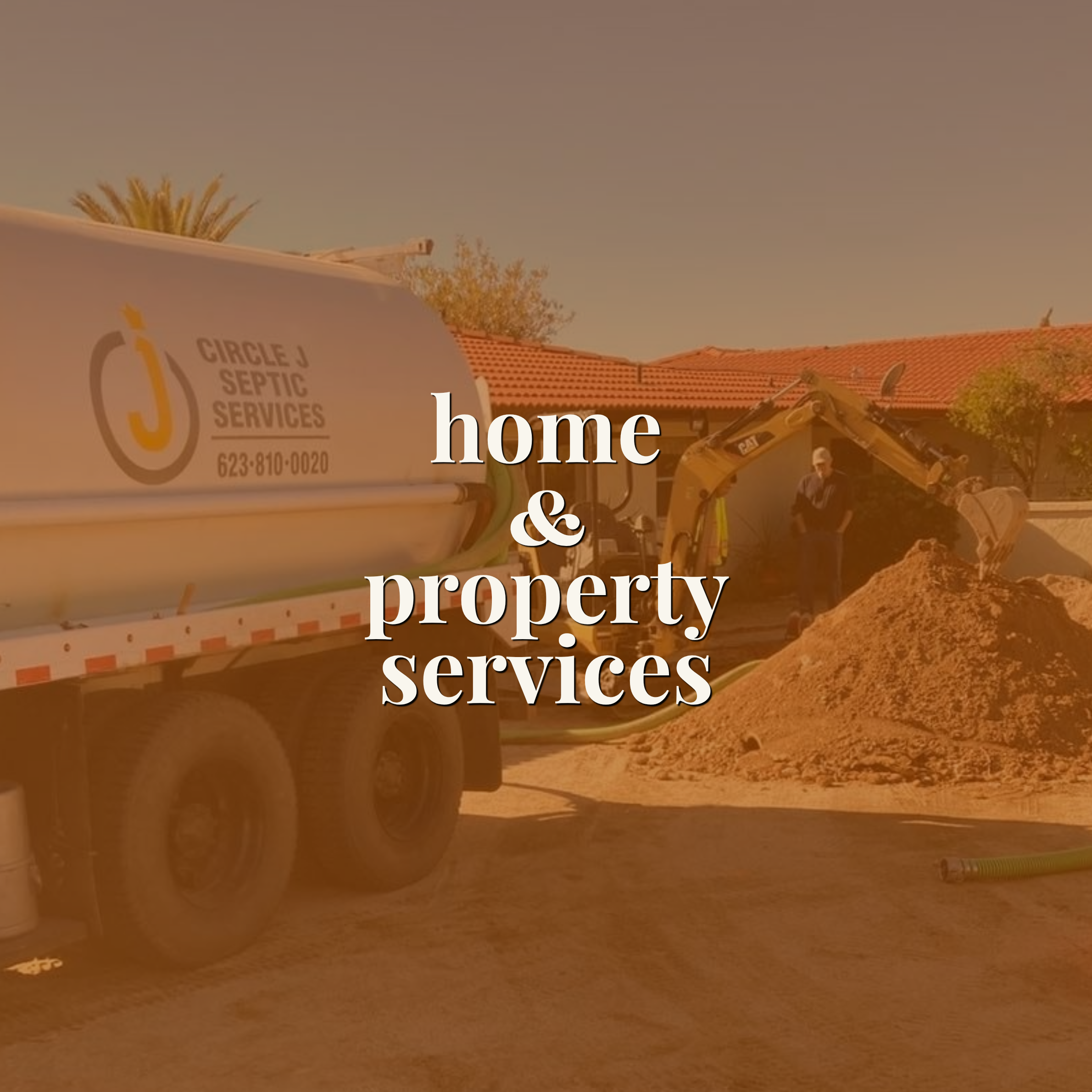 Septic truck and excavator working at a residential property — link to the home and property services portfolio