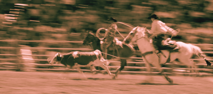 a sepia blurry image of two team ropers chasing after a corriente roping steer.